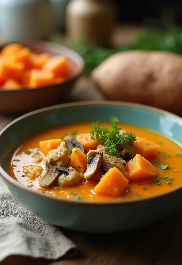 25 Chicken and Mushroom Soup Recipes for Creamy Dinners 92 25 Chicken and Mushroom Soup Recipes for Creamy Dinners - 14. Chicken and Mushroom Soup with Sweet Potatoes