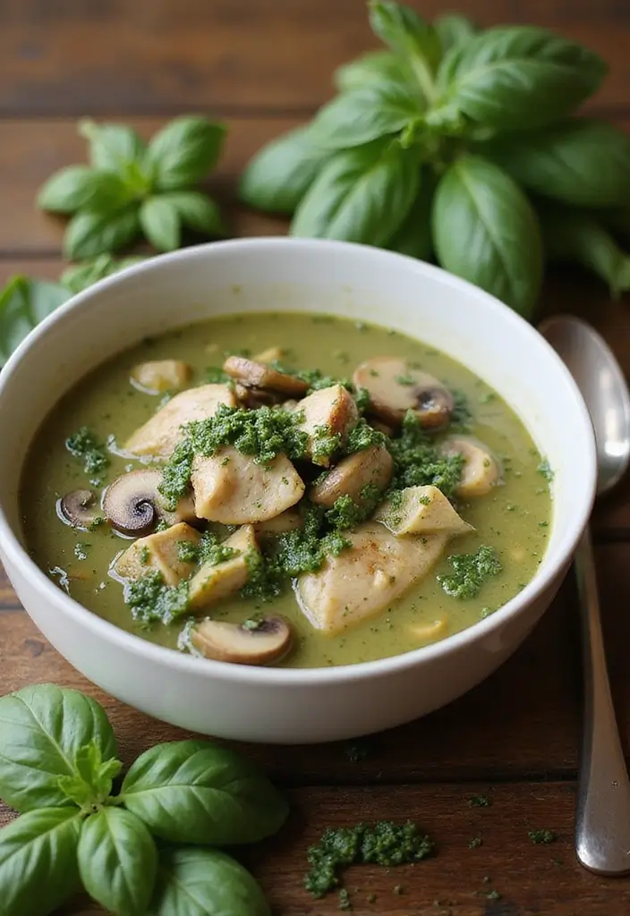 25 Chicken and Mushroom Soup Recipes for Creamy Dinners 109 25 Chicken and Mushroom Soup Recipes for Creamy Dinners - 17. Chicken and Mushroom Soup with Basil Pesto
