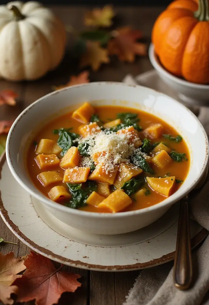 30+ Bow Tie Pasta Soup Recipes Everyone Will Love - 11. Pumpkin and Spinach Bow Tie Pasta Soup