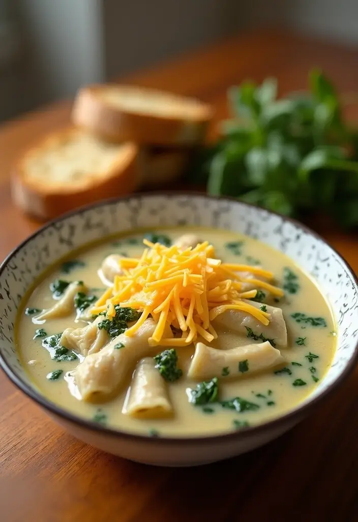 30+ Bow Tie Pasta Soup Recipes Everyone Will Love - 19. Cheesy Chicken and Spinach Bow Tie Pasta Soup