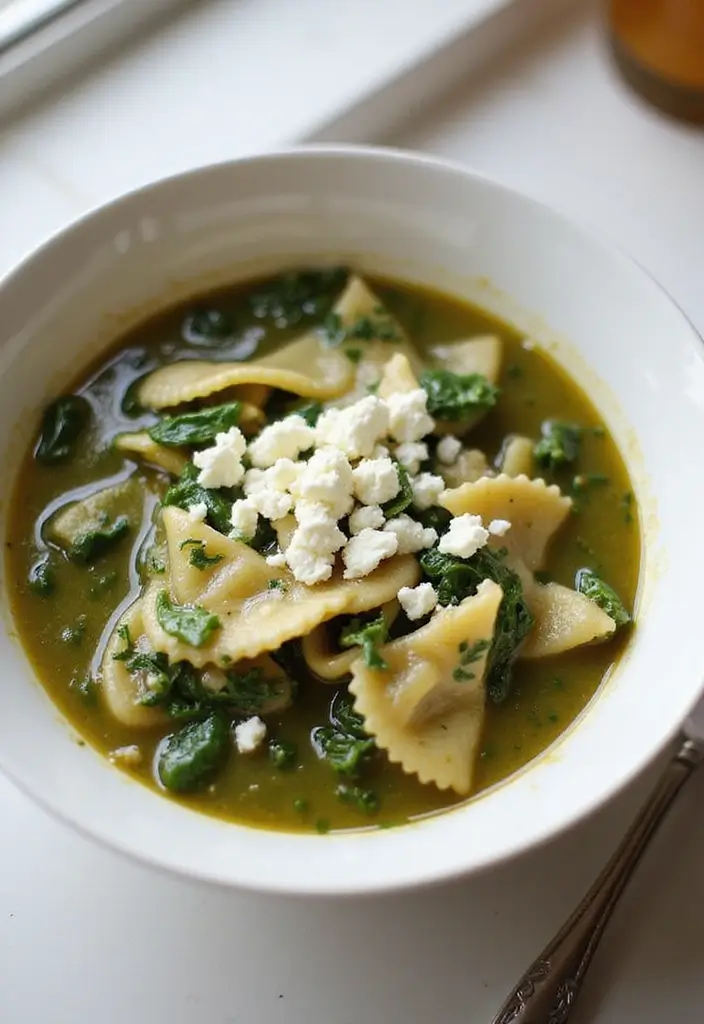 30+ Bow Tie Pasta Soup Recipes Everyone Will Love - 21. Spinach and Feta Bow Tie Pasta Soup